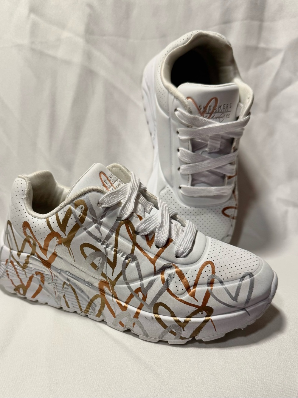 Skechers White Platform Sneakers with Gold and Silver Heart Grafitti